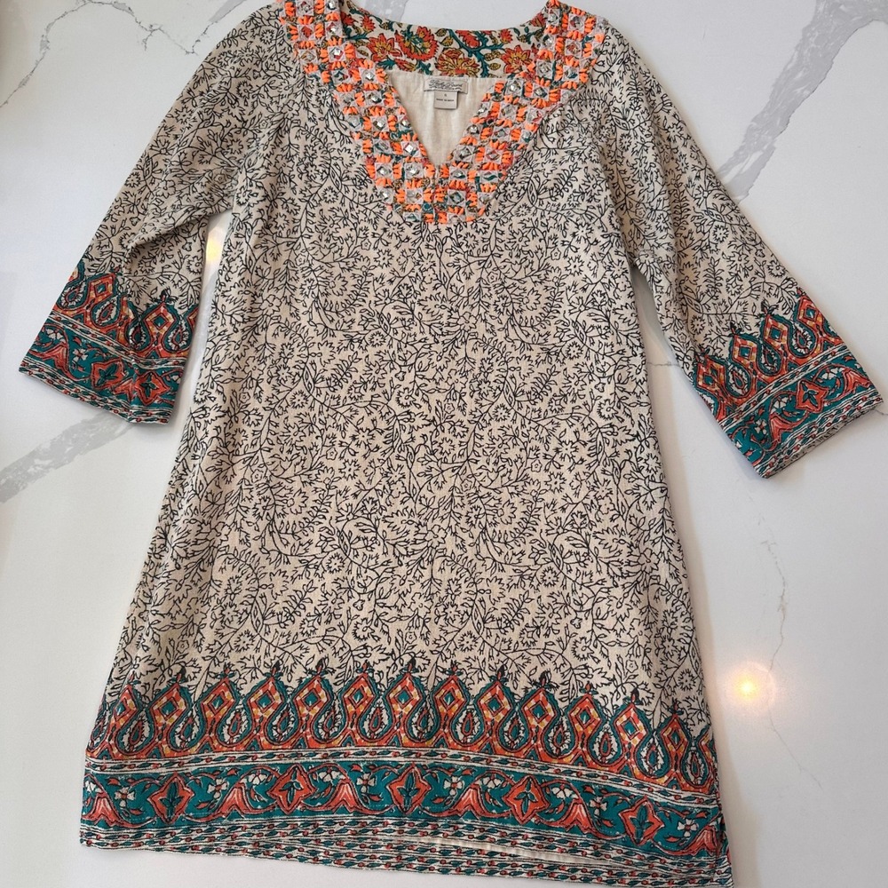 Lucky Brand Women Floral Embroidered Sequin V-Neck Cotton Tunic Dress Small